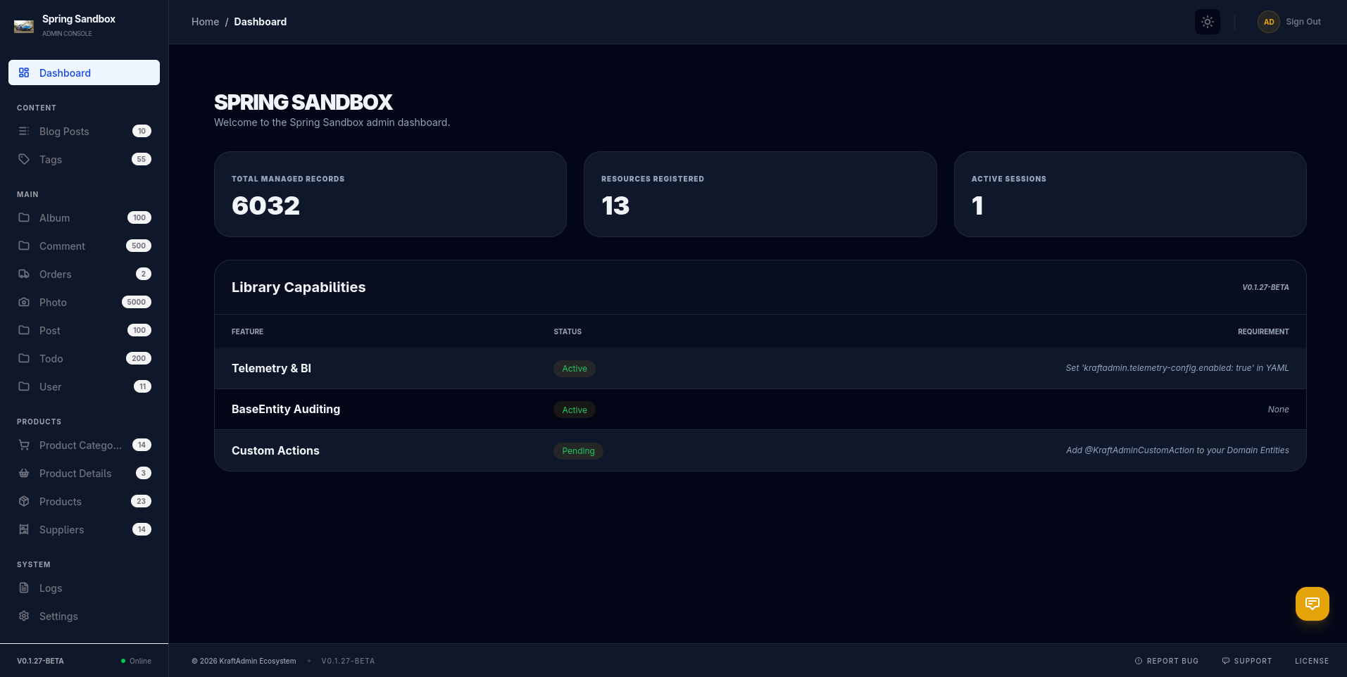 KraftAdmin dashboard